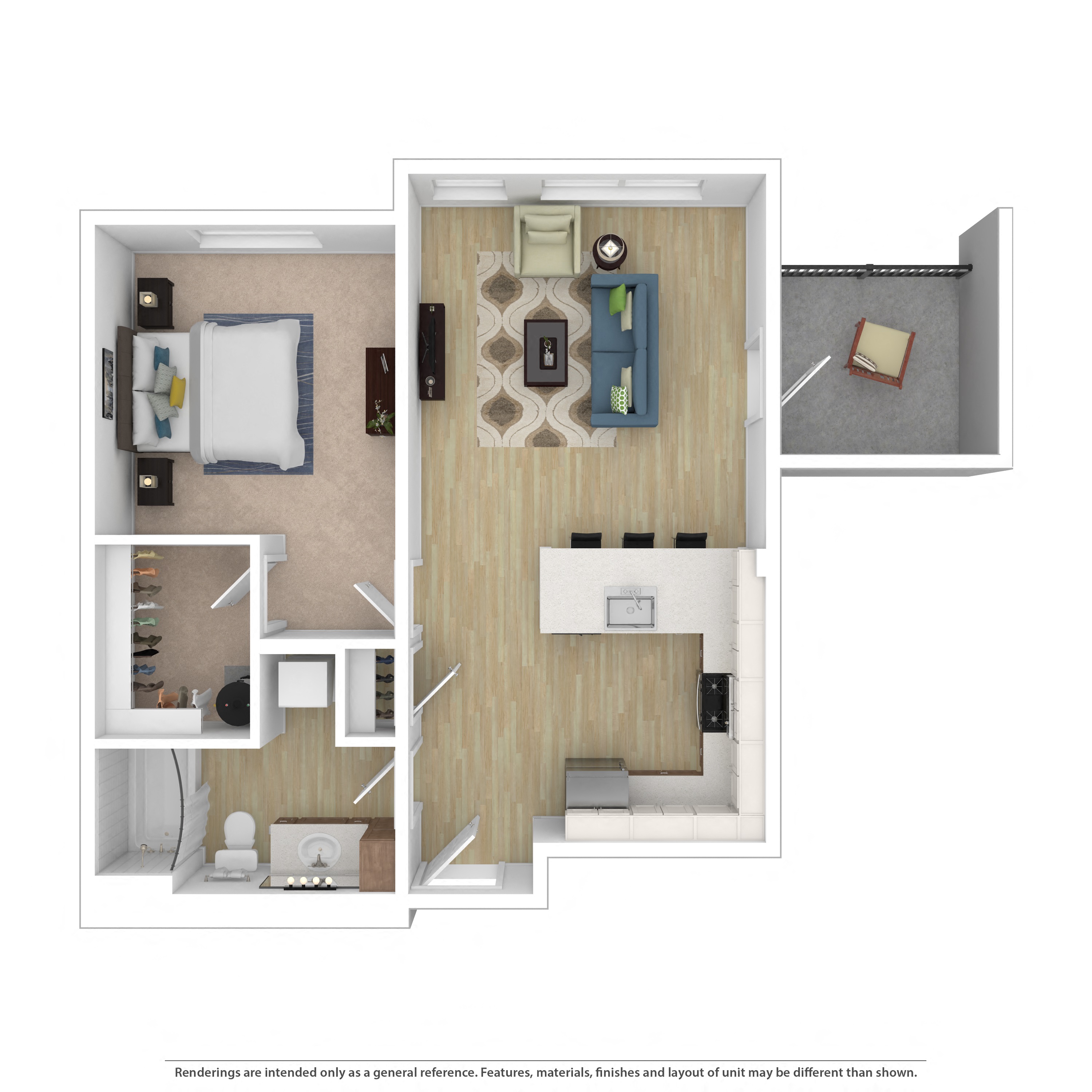 Floor plan for 1 bed, 1 bath, 745 sqft